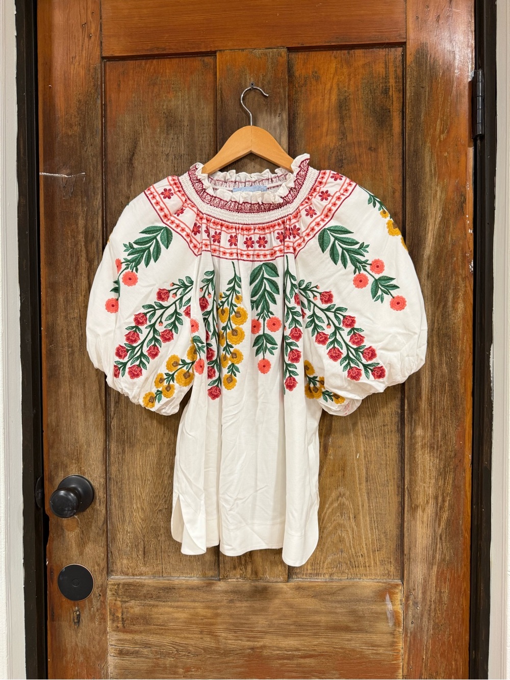 ANTONIO MELANI White Embroidered Peasant Blouse with Pink, Green & Yellow